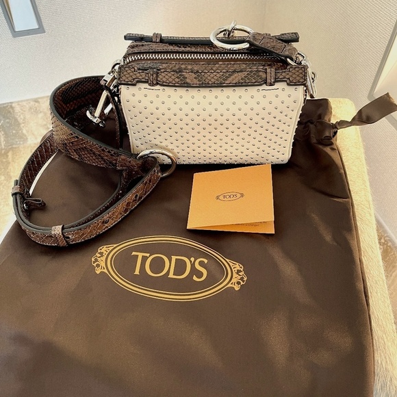 TOD'S Handbags - TOD'S Leather and Phyton Gommino Studded Logo Box Crossbody Bag